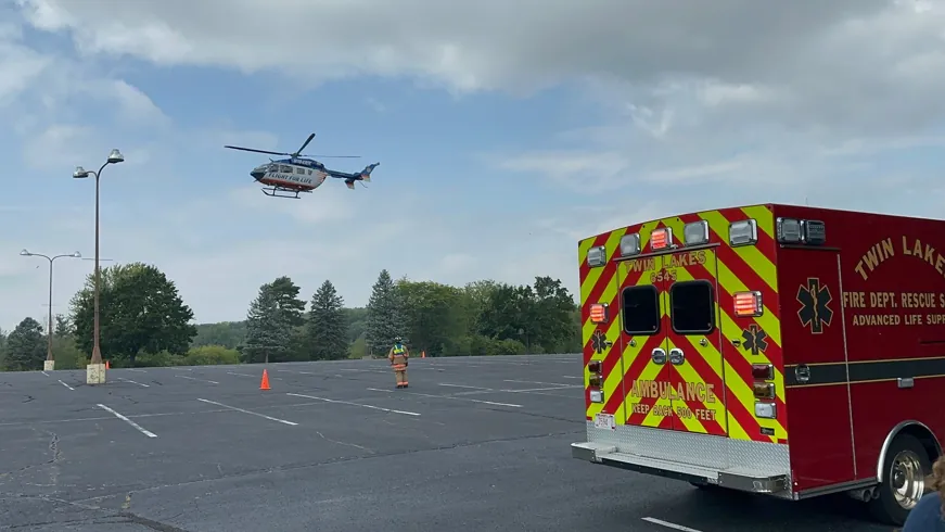 Twin Lakes EMS ambulance with Flight for Life helicopter